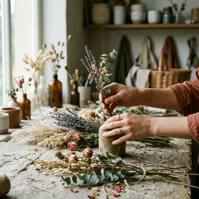 Mans treballant amb flors al taller de Jordina Bravo